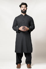 Grey Poly Viscose Band Collar Kurta Shalwar