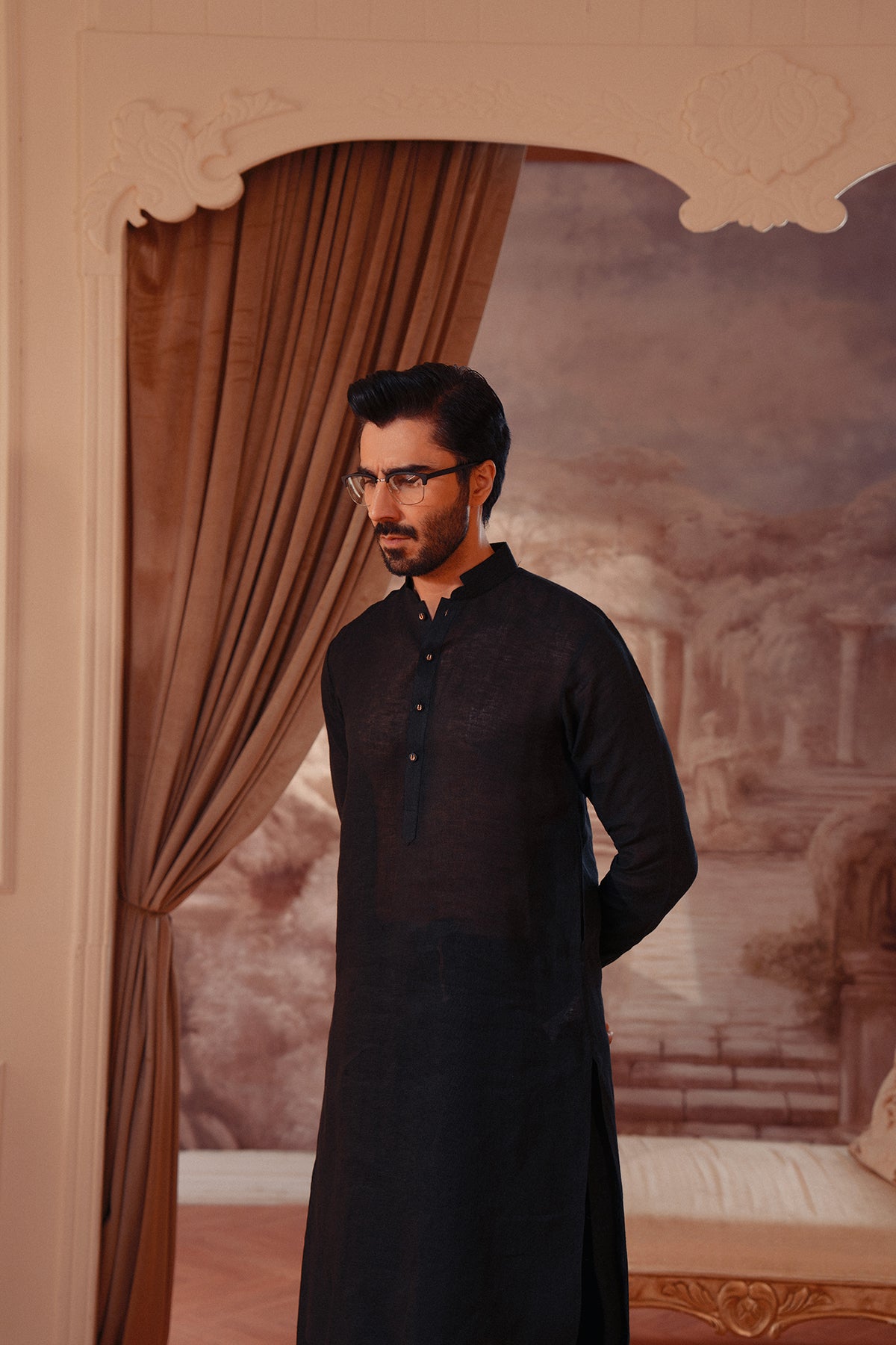 Linen Blend Kameez Shalwar with Double Band Collar
