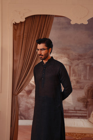 Linen Blend Kameez Shalwar with Double Band Collar