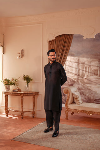 Linen Blend Kameez Shalwar with Double Band Collar