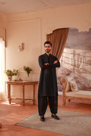 Linen Blend Kameez Shalwar with Double Band Collar