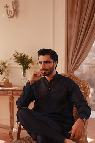 Linen Blend Kameez Shalwar with Double Band Collar