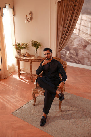 Linen Blend Kameez Shalwar with Double Band Collar