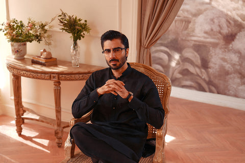 Linen Blend Kameez Shalwar with Double Band Collar