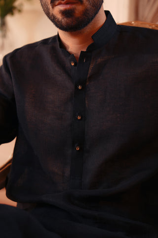 Linen Blend Kameez Shalwar with Double Band Collar