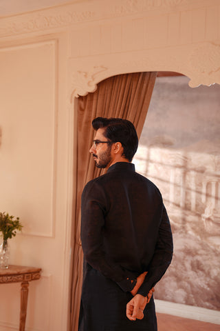 Linen Blend Kameez Shalwar with Double Band Collar