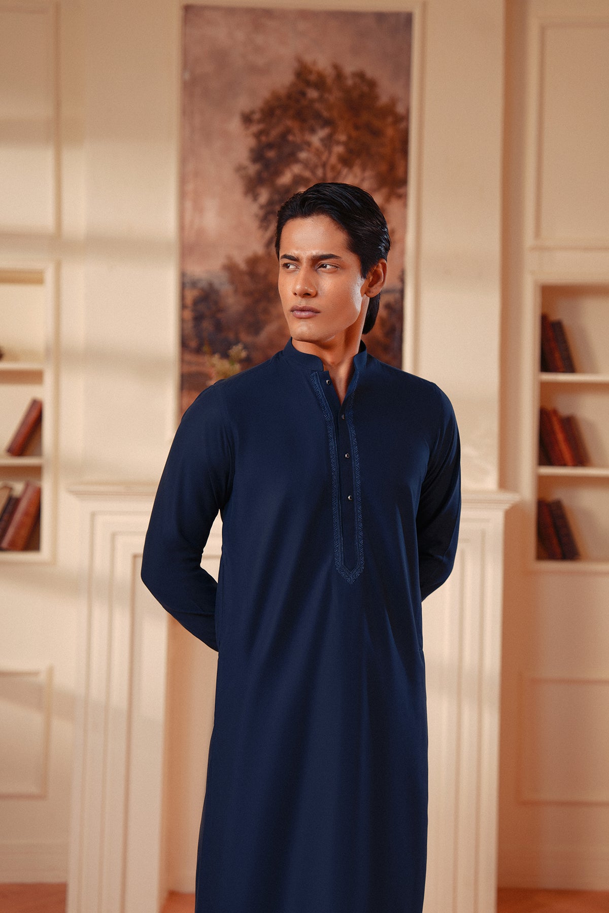Navy Embroidered Kameez Shalwar in Premium Imported Fabric