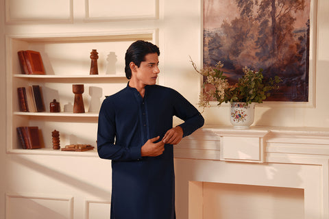 Navy Embroidered Kameez Shalwar in Premium Imported Fabric