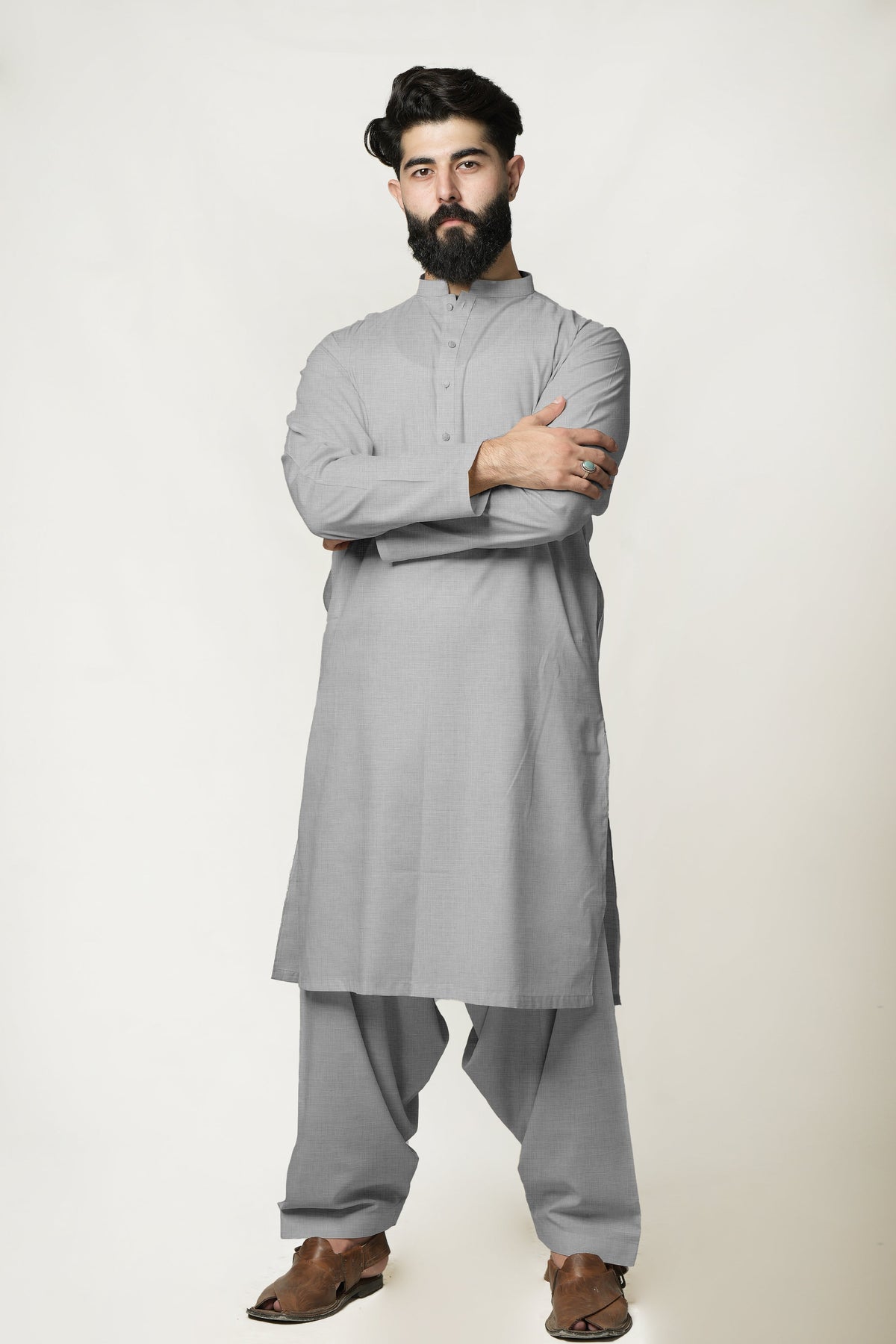 Grey Band Collar Kurta Shalwar In Cotton