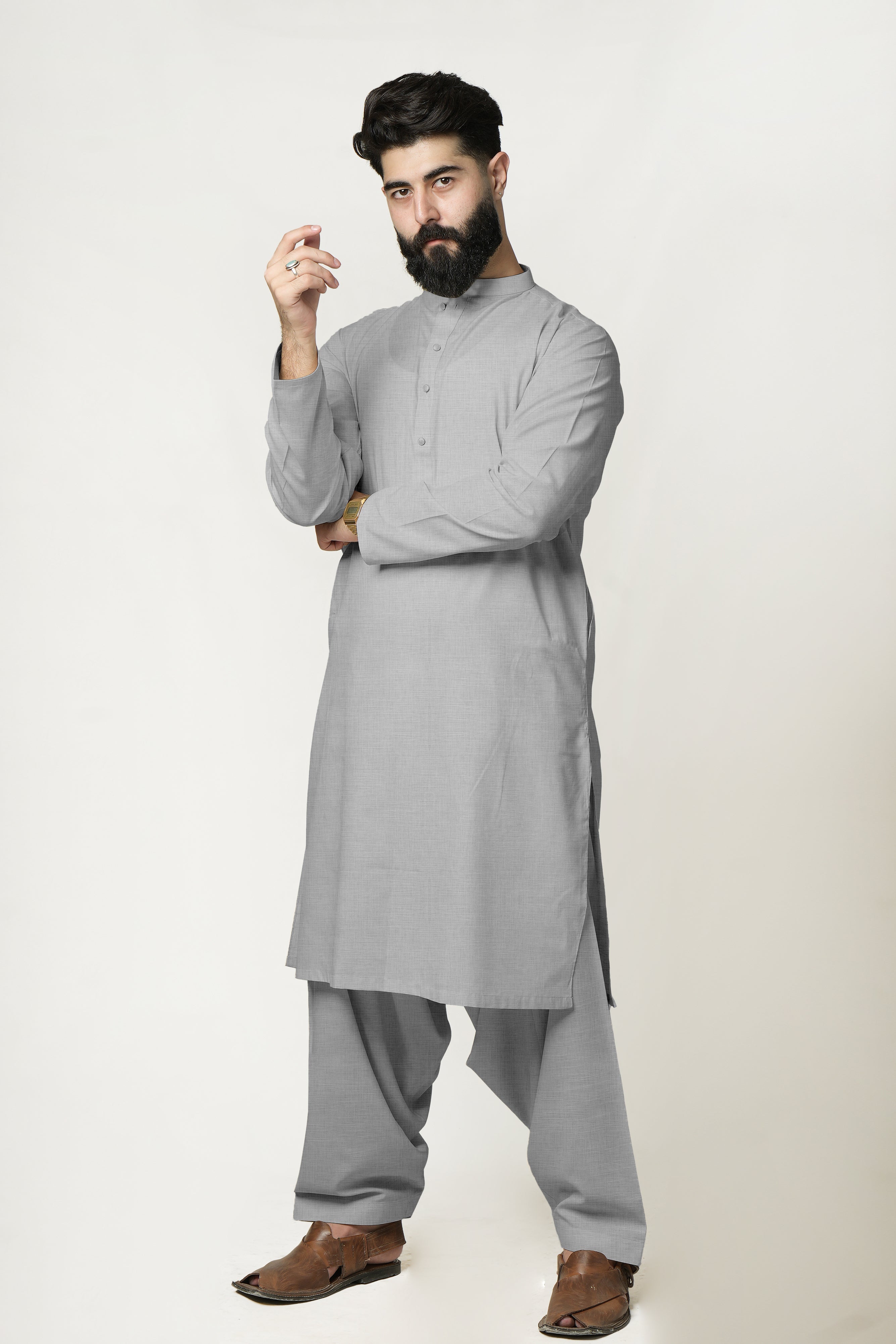 Grey Band Collar Kurta Shalwar In Cotton