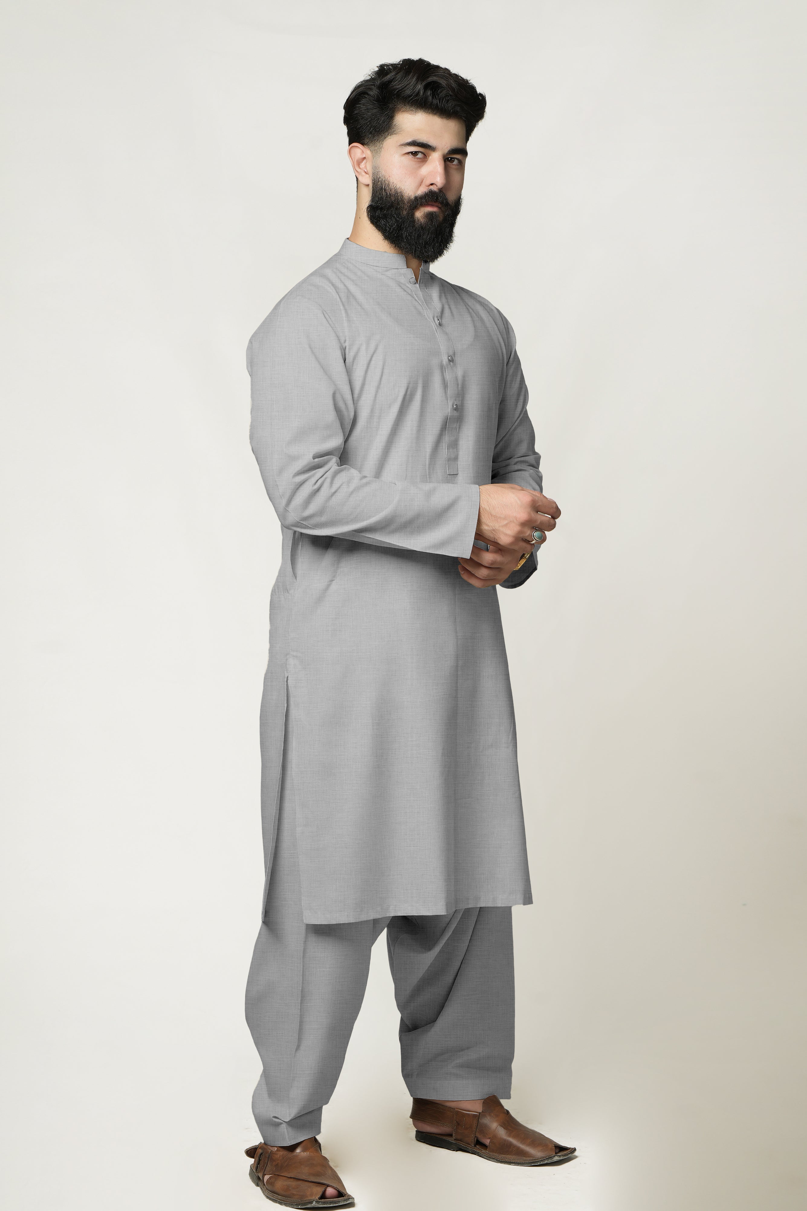 Grey Band Collar Kurta Shalwar In Cotton