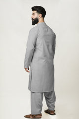 Grey Band Collar Kurta Shalwar In Cotton